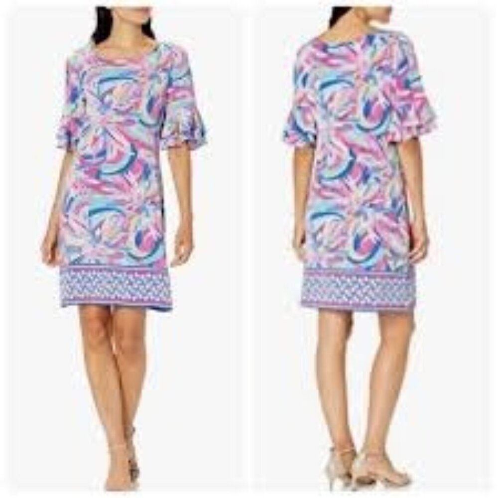 PAPPAGALLO Victoria Preppy Pastel Abstract Print 3/4 Ruffle Sleeve Shift Dress S